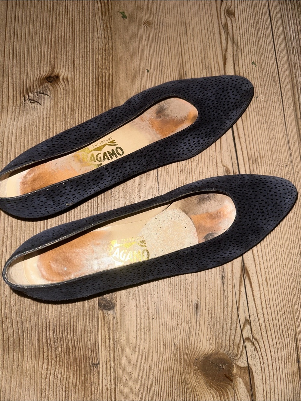 Salvatore Ferragamo Black Perforated Suede Pointed Flats